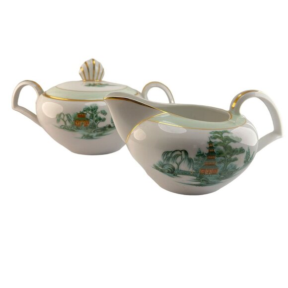 Narumi Manchu Japan Sugar Bowl with Lid and Creamer Set Vintage - Picture 3 of 10